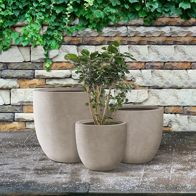 Kante 18",14",10" Dia Concrete Round Planters (Set of 3), Outdoor Indoor Large Planter Pots with Drainage Hole and Rubber Plug for Home Patio Garden, Buff Concrete