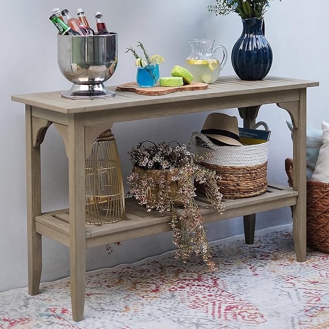 Cambridge Casual Teak Auburn Outdoor Console Table, Solid Indonesian Teak Wood in Weathered Gray Finish, Stylish and Durable Patio Accent or Plant Table for Porch, Deck, Garden, or Outdoor Entryway
