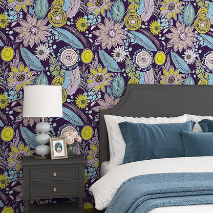 Purple Boho Wallpaper Peel and Stick, Vintage Yellow Floral Contact Paper - Image 2