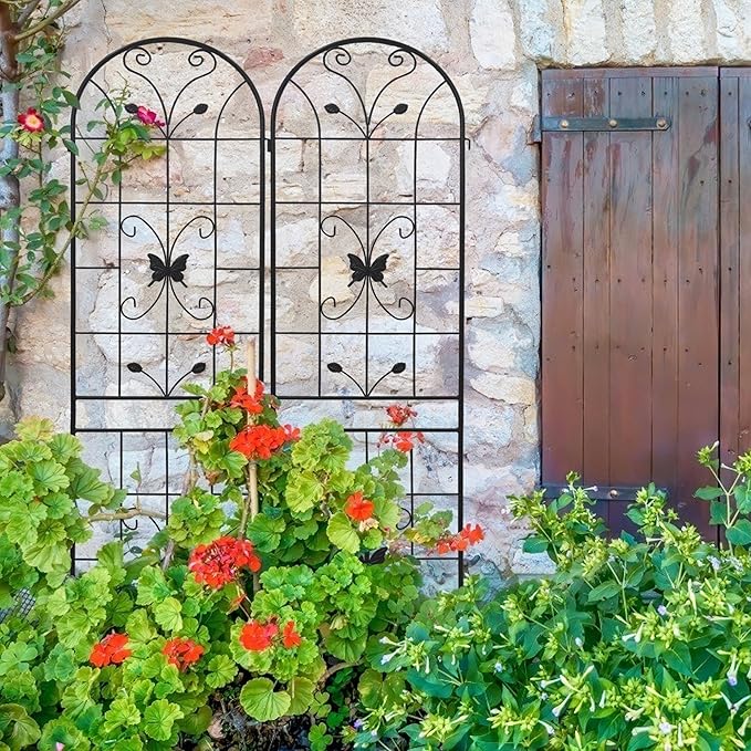 4 Pack Metal Garden Trellis 86.7" Black Fence Rustproof Garden Trellis for Climbing Plants Support Roses Flower Outdoor Lawn, Black