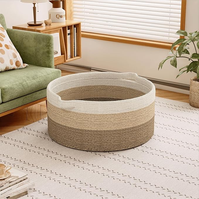 125L Extra Large Blanket Basket, 25" x 16", Jumbo Laundry Woven Basket Decorative Home, Cotton Rope Basket with Handles, Baby Toy Basket for Storage, Gradual Brown, 2PC