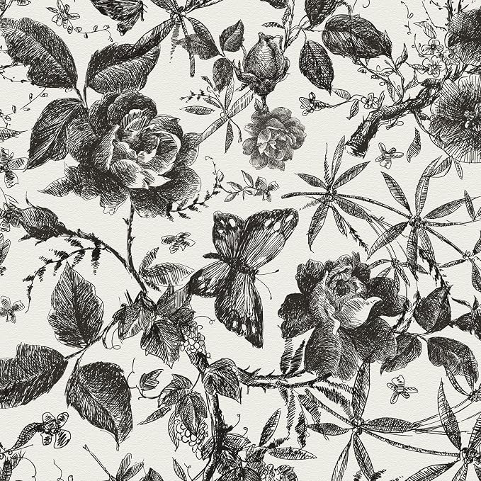 JiffDiff Floral Vintage Wallpaper Peel and Stick Wall Stick Black and White by wallpaper