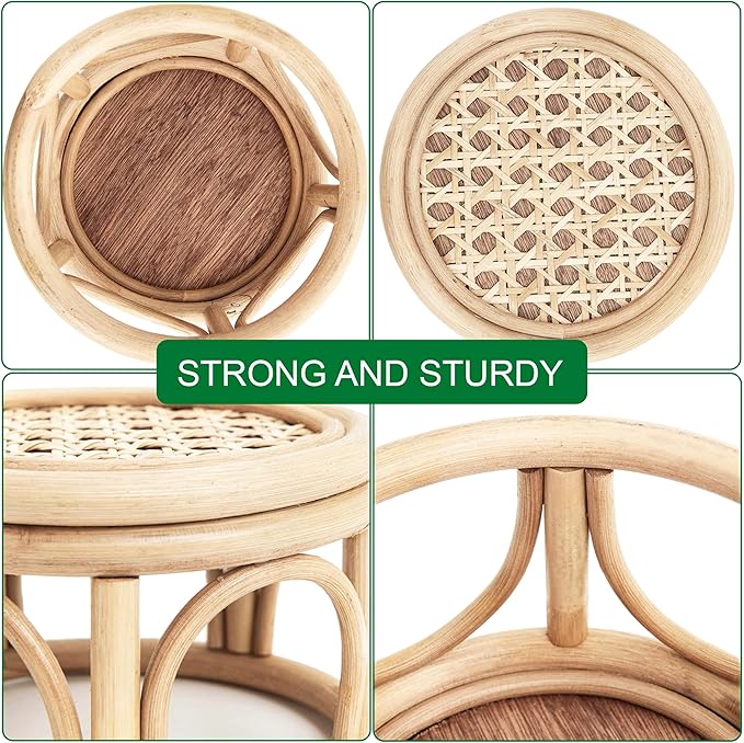 Set of 2 Small Boho Rattan Wicker Round Riser Plant Stand Indoor,Rustic Farmhouse Natural Wooden Circle Pedestal for Decor & Display, Tabletop, Office Decor