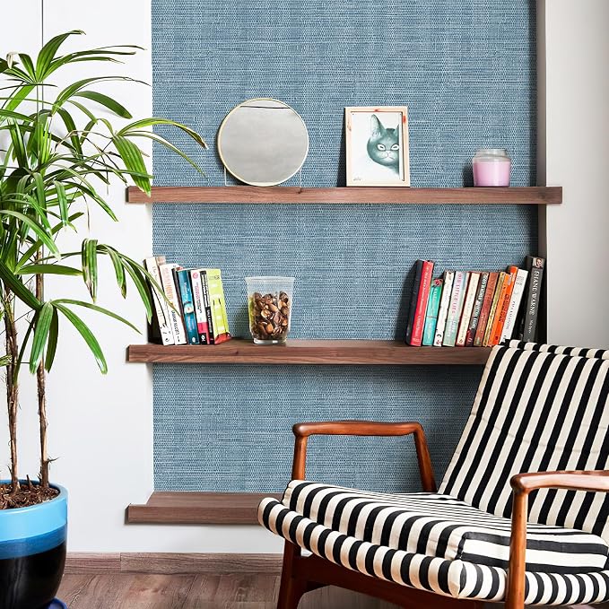 JiffDiff Grasscloth Wallpaper Peel and Stick Blue Grassweave Stick on Wallpaper - Image 6