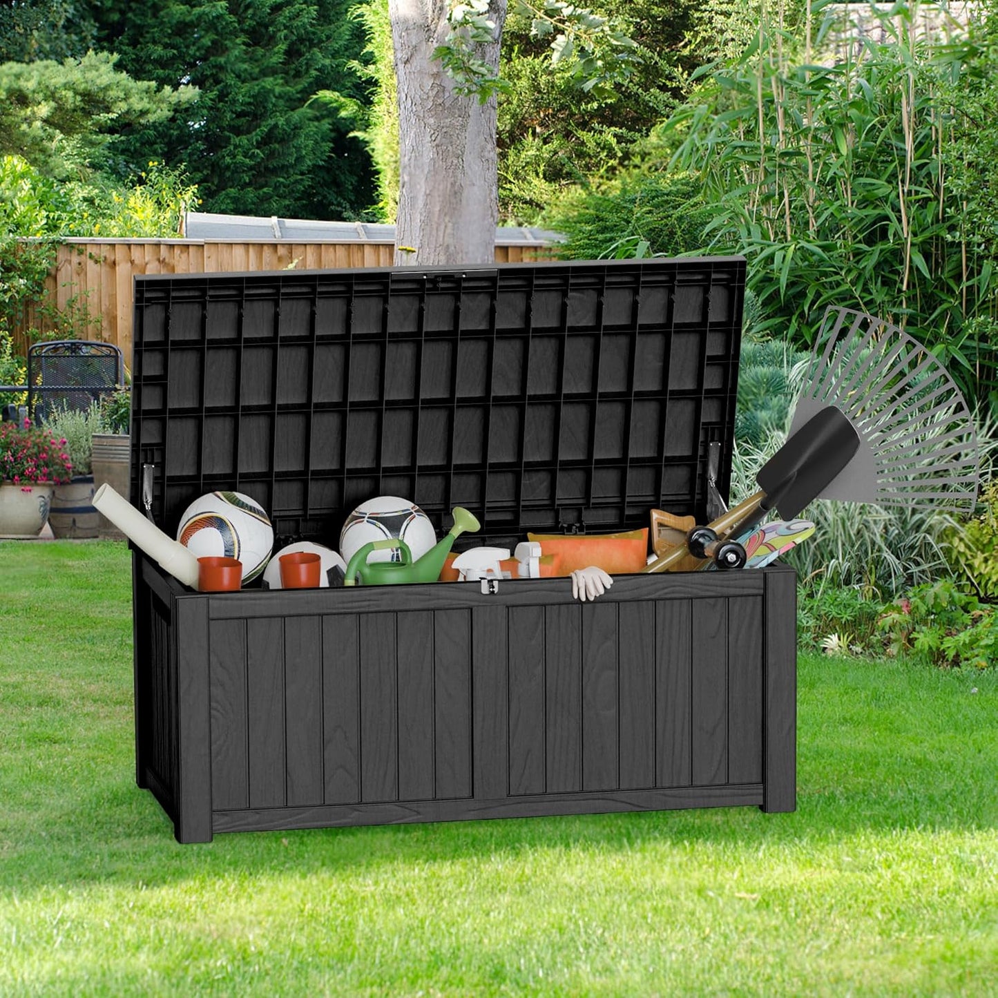 150GAL Black Large - Capacity Outdoor Deck Box with Lockable Compartment – Waterproof, SGS - Shielded UV Resistance, Ideal for Storing Large Patio Furniture Sets & Seasonal Decor