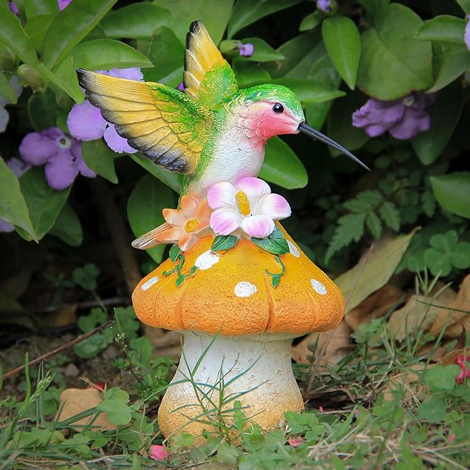 Hummingbird Stand on Mushroom for Garden Decorations,Hummingbird Statue for Outdoor Backyard Yard Porch Patio Lawn Outside Indoor Home Shelf Decor Accents,Bird Sculpture Figurine