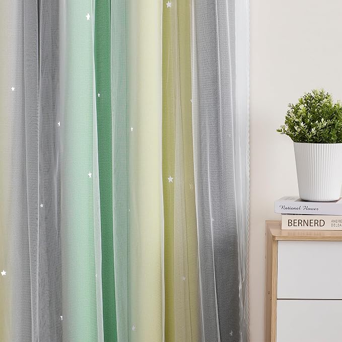 XiDi Curtains for Bedroom Decor, Rainbow GreenYellowGrey34/45/1 - Image 2