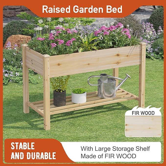 GHWIE Raised Garden Bed with Shelf,Elevated Wooden Planter Box with Legs,Garden Planter for Backyard, Patio, Balcony,200lb Capacity - Natural