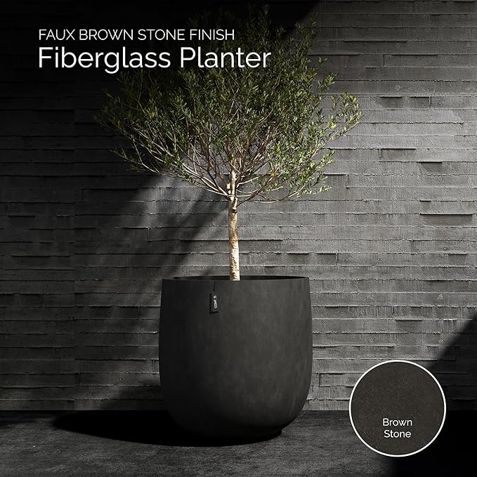 Mondo Large Planter – Brown Stone Finish – Fiberglass Indoor/Outdoor and Weather-Resistant Round Planter (33" D x 31.3" H Exterior, 31.5" D x 30.7" H Interior)