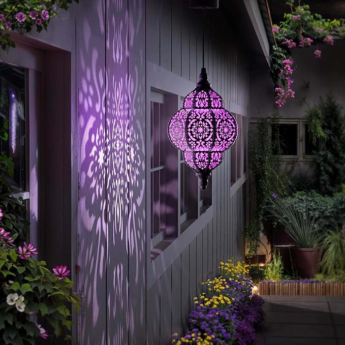 Hanging Solar Lights Outdoor Garden Decor Solar Lantern Waterproof Plastic Moroccan Outdoor Decorations for Patio Pathway Yard Backyard Garden Decorative (1, Purple)