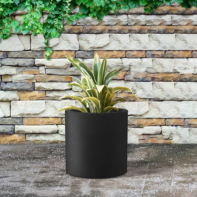 Kante 9.8" Dia Round Concrete Planter, Modern Style Large Cylindrical Plant Pot with Drainage Hole and Rubber Plug for Indoor Outdoor Patio, Black