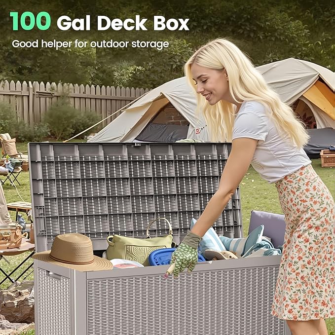 100 Gallon Storage Box, Waterproof Resin Deck Box with Hydraulic Piston Design, Lockable Storage Bench for Package Delivery, Storage Bin for Patio Cushions, Garden Tools, Grey
