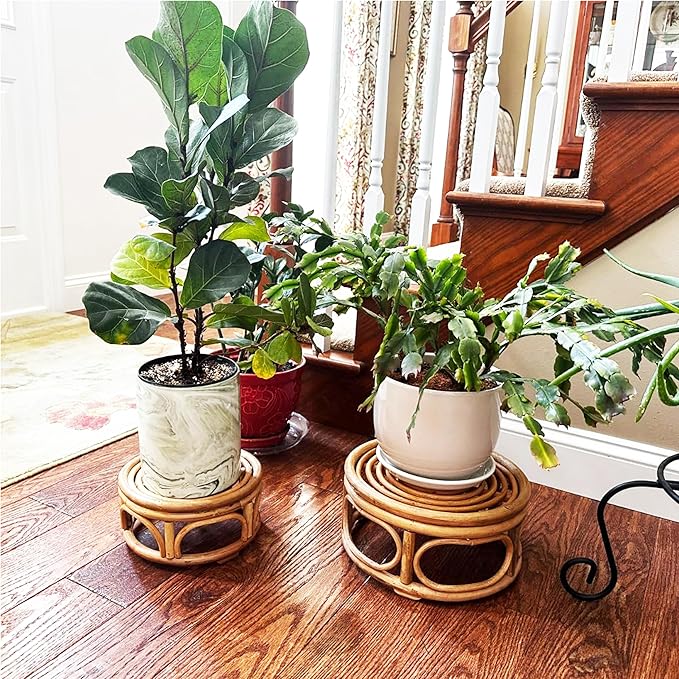 Set of 2 Boho Rattan Woven Round Decorative Risers Plant Stands Indoor, Mid Century Minimalist Modern Plant Stand, Wicker Short Plant Stand Holder Suitable Fits 8'' and 12'' Pots