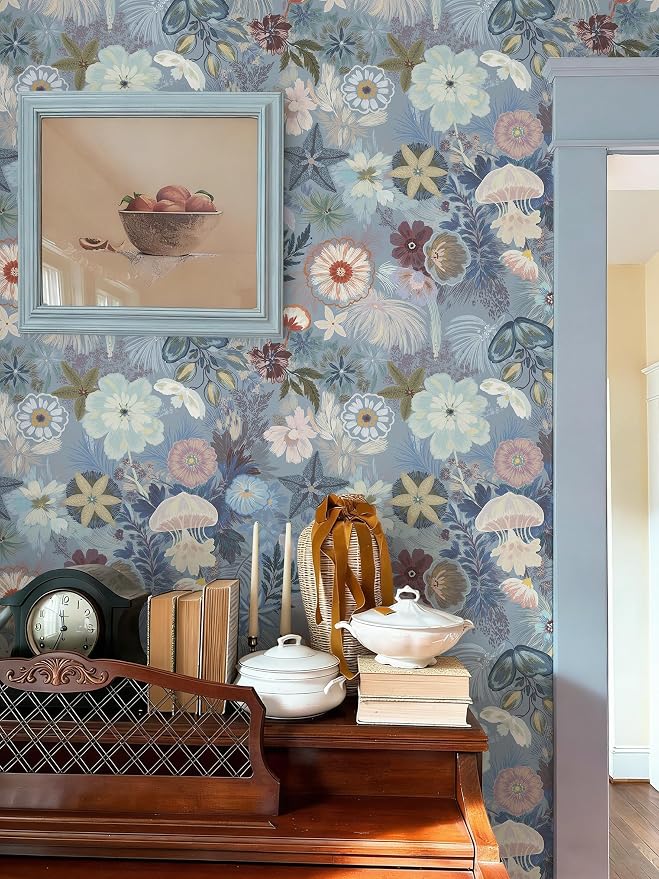 Ismoon Floral Peel and Stick Wallpaper Vintage Blue Contact Paper Jellyfish - Image 2