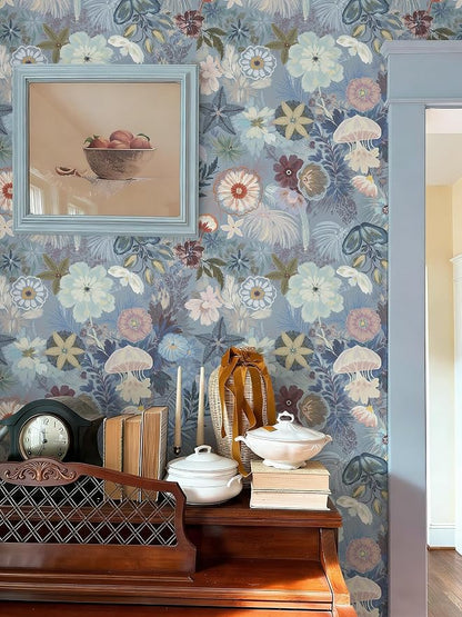 Ismoon Floral Peel and Stick Wallpaper Vintage Blue Contact Paper Jellyfish - Image 2