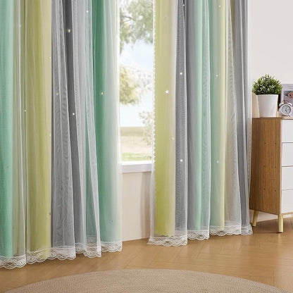 XiDi Curtains for Bedroom Decor, Rainbow GreenYellowGrey34/54/1 - Image 4