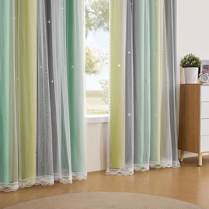 XiDi Curtains for Bedroom Decor, Rainbow GreenYellowGrey52/96/1 - Image 4