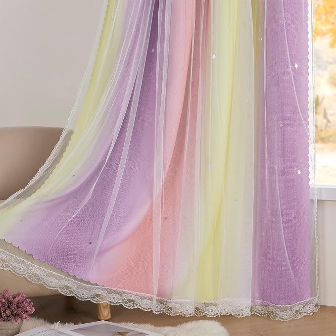 XiDi Curtains for Bedroom Decor, Rainbow Pink PurpleYellow52/54/1 - Image 5