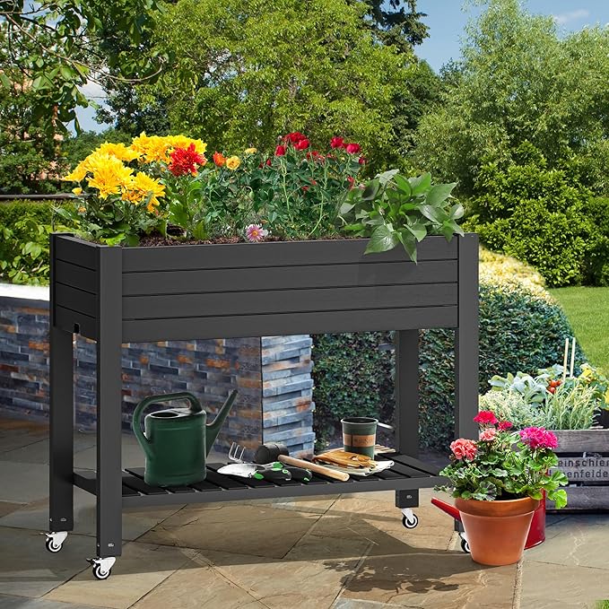 YITAHOME 3.6x1.5x2.8 FT Elevated Garden Bed Kit with Legs and Wheels, Outdoor Large Resin Planter Box Stand with Drain Plug and Storage Shelf for Plants Vegetables Fruits, Black