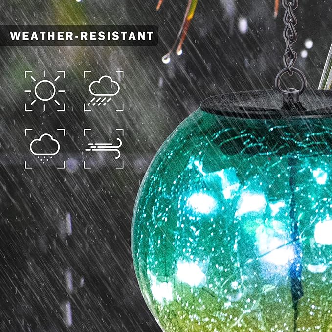 Hanging Solar Lights Outdoor Solar Lanterns Outdoor Decorative Cracked Glass Ball Lights Solar Powered Waterproof LED Globe Lantern for Outdoor Porch Patio Garden Decor Gift Green