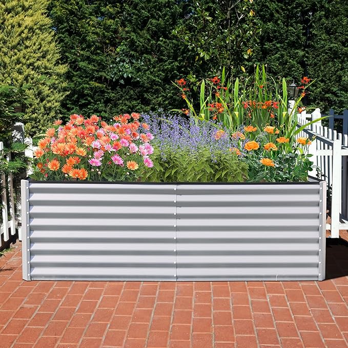 Domi Raised Garden Beds Outdoor, 8x4x2ft Thickening Tall Metal Rectangular Deep Root Box Planter for Vegetables, Flowers, Herbs, and Succulents 2" Deep w/ 456 Gallon Capacity - Silvery