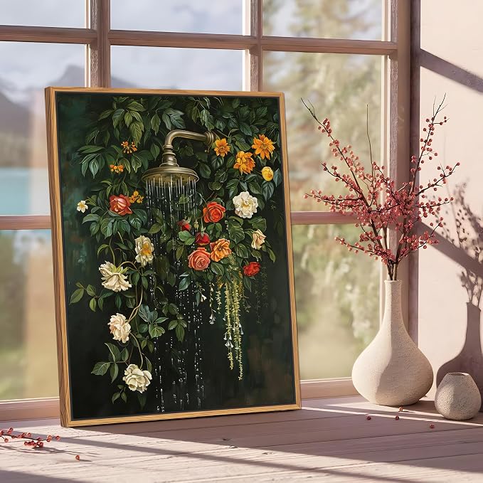 Floating Framed Floral Shower Wall Art, Vintage Botanical Flower Canvas Print - Image 9
