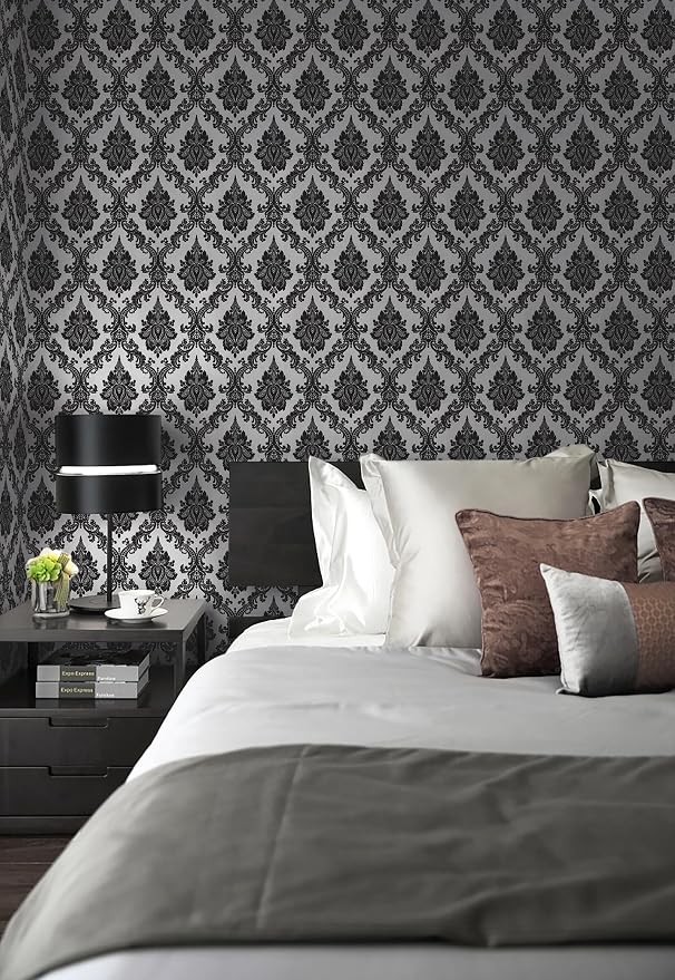 17.7" x 197" Peel and Stick Wallpaper Black Vintage Wallpaper Damask Contact - Image 2