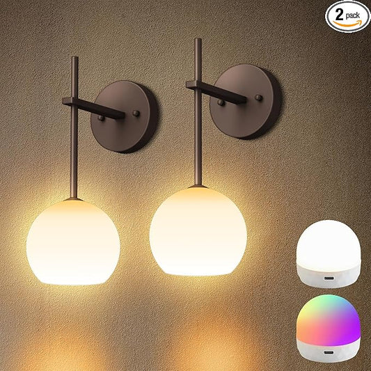 Brown Battery Operated Wall Sconces Set of 2, Rechargeable Wireless Wall Lights by KeepShinning
