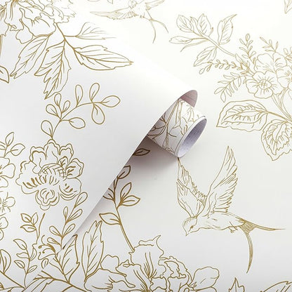 Froluya Cream White and Gold Floral Wallpaper Peel and Stick Wallpaper - Image 6