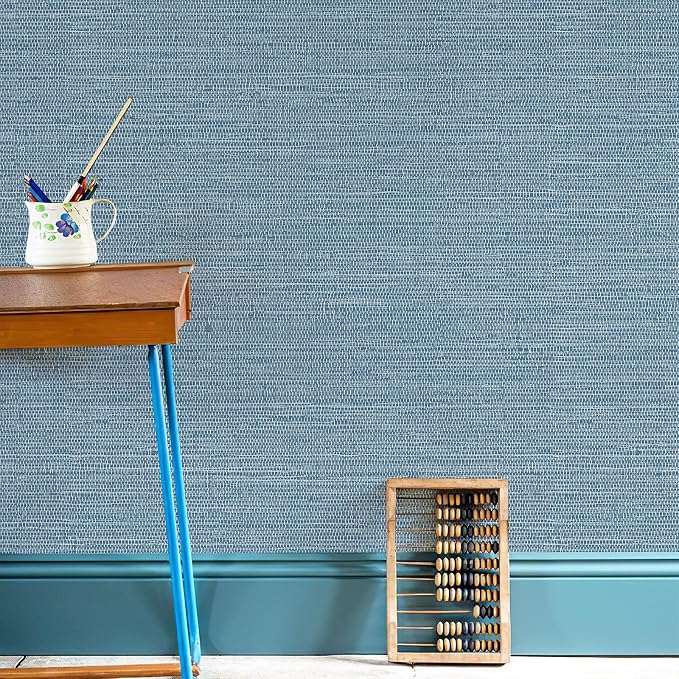 JiffDiff Grasscloth Wallpaper Peel and Stick Blue Grassweave Stick on Wallpaper - Image 7