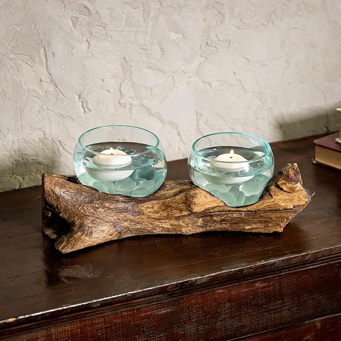 Cape Craftsmen Set of 2 Terrariums | Hand-Blown Blue Tinted Bubble Glass On Natural Teak Driftwood Terrarium | Home Décor Indoor Planter with Stand | Pot for Succulent and Plants
