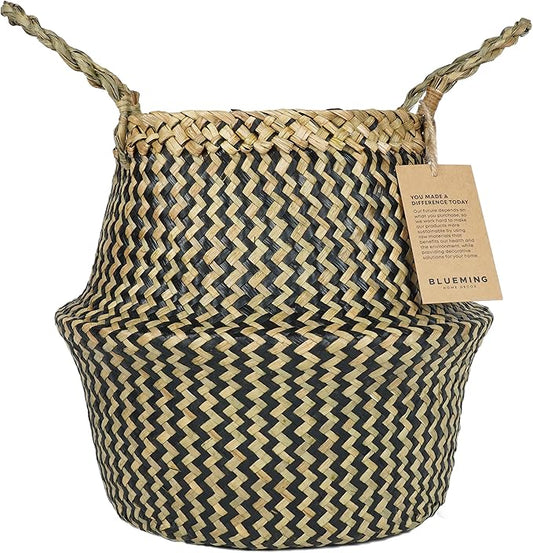 Olive Tree Basket – Small Seagrass Plant Pot for Tall Indoor Artificial Trees, Woven Planter 8-9 Inches, Wicker Baskets for Decorative Storage (Black, Medium)