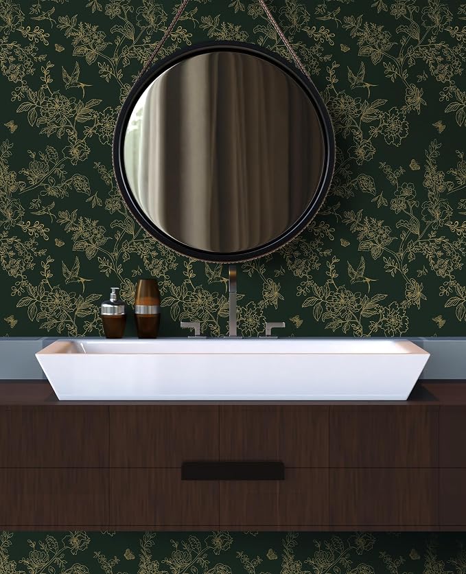 Froluya Dark Green and Gold Wallpaper Floral Peel and Stick Wallpaper - Image 2