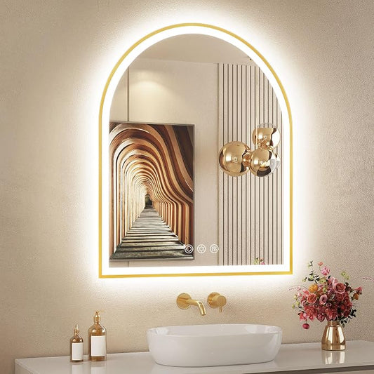 Arched LED Mirror for Bathroom 24"x30", Brushed Gold Lighted Bathroom Mirror by OUMUSUMIRROR