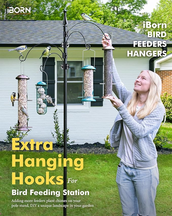iBorn Bird Feeders Hangers for 1” Pole Stand Station Outdoor Hanging Hooks for Humming Bird Feeders for Outside Plant Hanger Hook Bracket Kit 12.2 Inch Long Metal Hooks for 1 Inch Pole, Pack of 4
