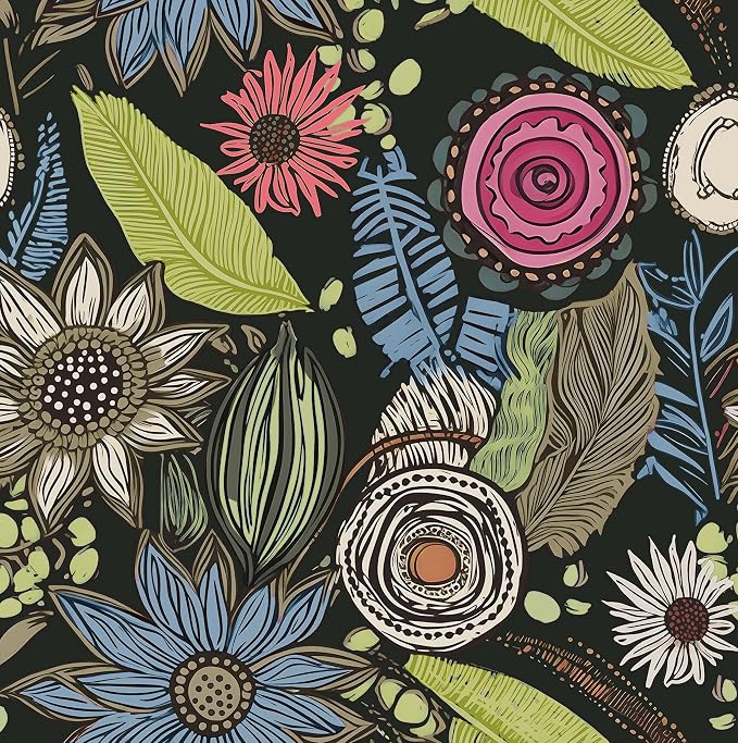 Boho Wallpaper Peel and Stick, Dark Green Vintage Floral Contact Paper by Laatse