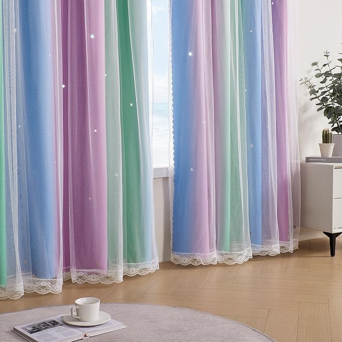 XiDi Curtains for Bedroom Decor, Rainbow Green PurpleBlue34/96/1 - Image 6
