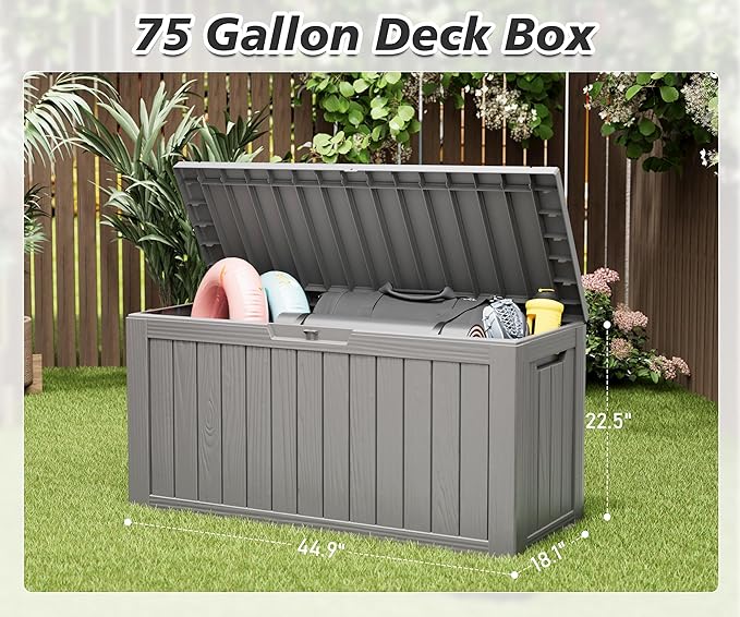 KAMABOKO Deck Box, 75 Gallon Resin Indoor and Outdoor Storage Boxes Waterproof for Garden Tools, Pool Accessories Storage Bench, Patio Furniture and Cushions with Lockable Lid, Grey