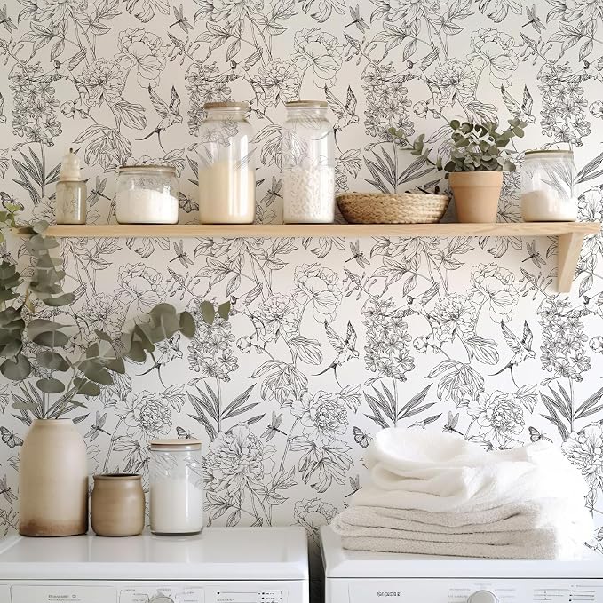 Jiffdiff White and Black Wallpaper Peel and Stick Sketched Peony Floral - Image 7