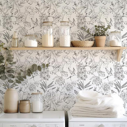 Jiffdiff White and Black Wallpaper Peel and Stick Sketched Peony Floral - Image 7