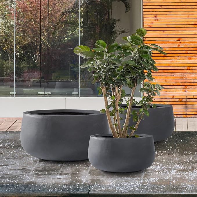 Kante 19.6",15.7",11.8" Dia Round Concrete Planters Set of 3, Outdoor Indoor Garden Plant Pots with Drainage Hole and Rubber Plug, Modern Curvaceous Design, Charcoal