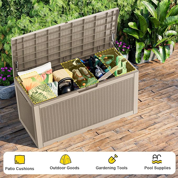 100 Gallon Waterproof Outdoor Storage Box,Resin Deck Box,Lockable Outside Storage Box Container for Patio Furniure,Garden,Pool Tools (100 Gallon,Grey pattern)