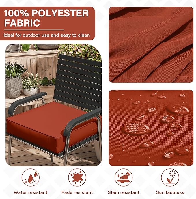 Patio Chair Cushions 24 X 24 X 5 Inch Waterproof Outdoor Seat Cushions for Patio Furniture, Outdoor Sofa Couch Pads with Ties & Handle, Set of 2, Terra Red