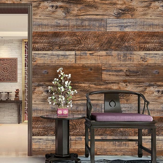 WENMER 23.6" x 394" Brown Wood Peel and Stick Wallpaper Shiplap Self Adhesive - Image 2