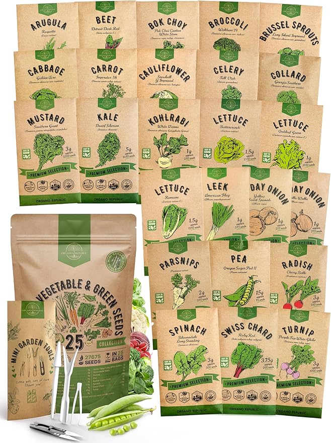 Organo Republic 25 Winter Vegetable Garden Seeds Variety Pack for Outdoors & Indoor Home Gardening 6500+ Non-GMO Heirloom Seeds: Broccoli Beet Carrot Collard Lettuce Radish Spinach Pea Kohlrabi
