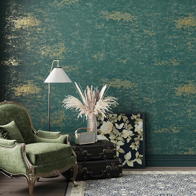 VEELIKE Distressed Teal Gold Metallic Peel and Stick Wallpaper Plaster Concrete - Image 3
