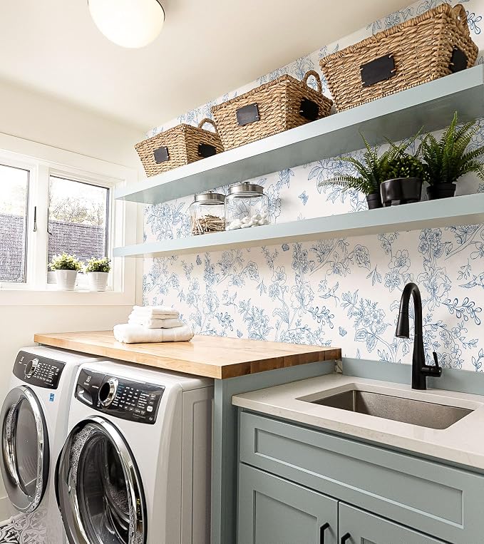 Froluya Cream White and Blue Floral Wallpaper Peel and Stick Wallpaper - Image 3