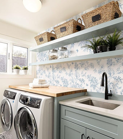 Froluya Cream White and Blue Floral Wallpaper Peel and Stick Wallpaper - Image 6