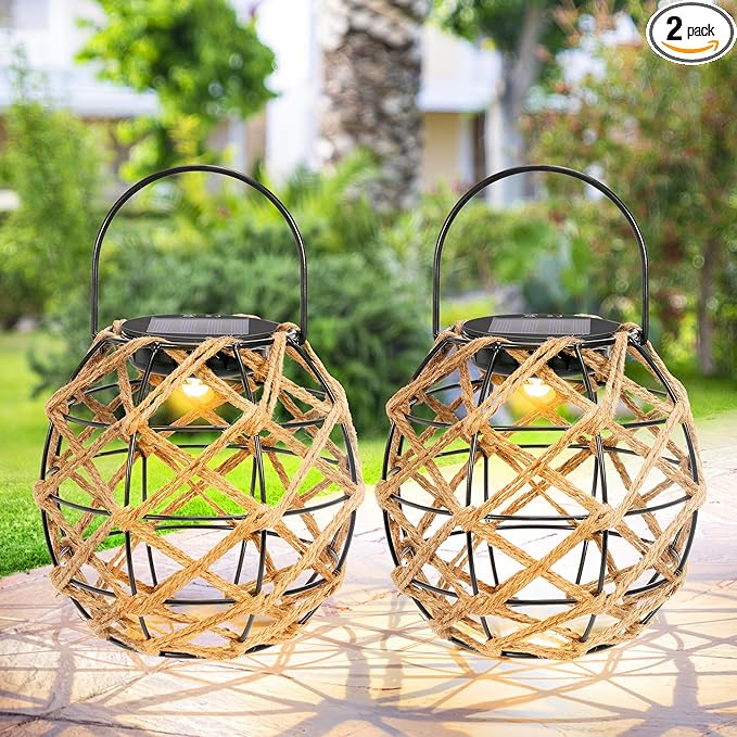 HPC Decor 2 PK Solar Lanterns-Outdoor Waterproof, Hemp Rope, Hanging Outdoor, Round Lamp Boho Decor for Garden, Yard, Patio, Porch, Pathway.