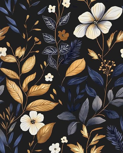 Laatse Blue/Gold Leaf Wallpaper Peel and Stick Vintage Dark Floral Wallpaper by Laatse
